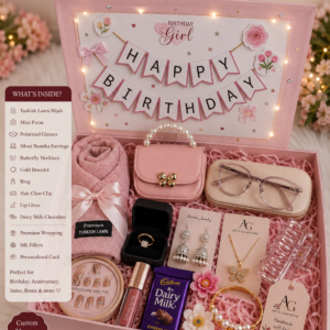 Home celebration gift hamper β lip gloss, stick perfume, paper soap, scarf, necklace, bracelet, ring, press on nails & sunglasses
