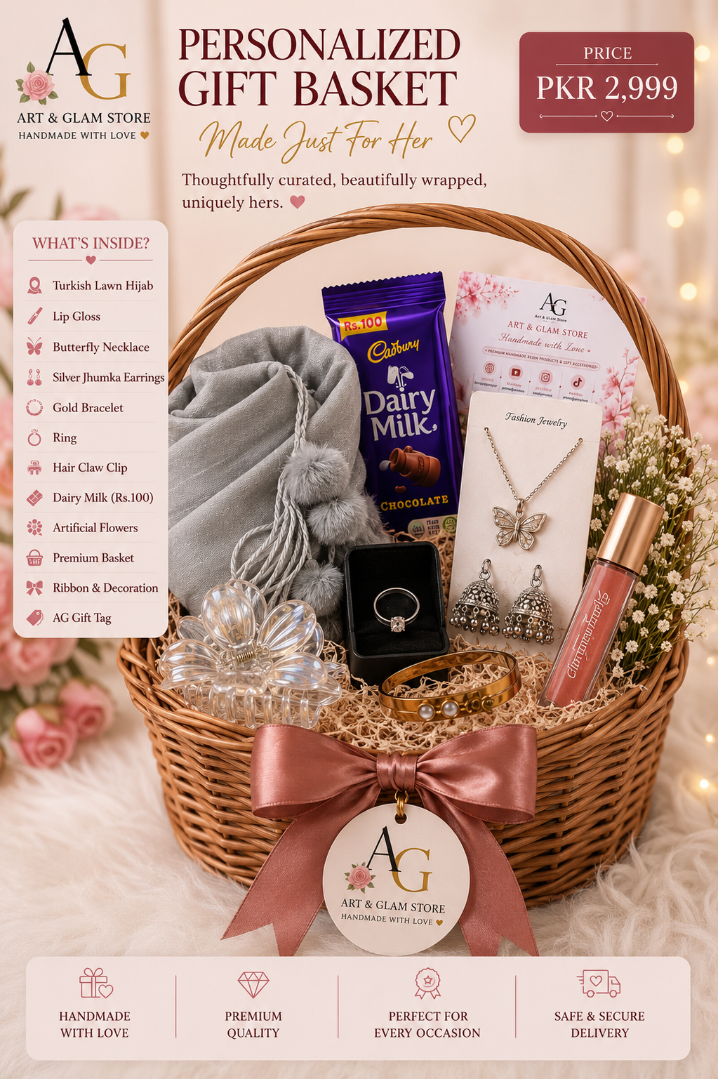personalized gift basket – lip gloss, stick perfume, paper soap, scarf, necklace, bracelet & ring personalized gift basket – lip gloss, stick perfume, paper soap, scarf, necklace, bracelet & ring
